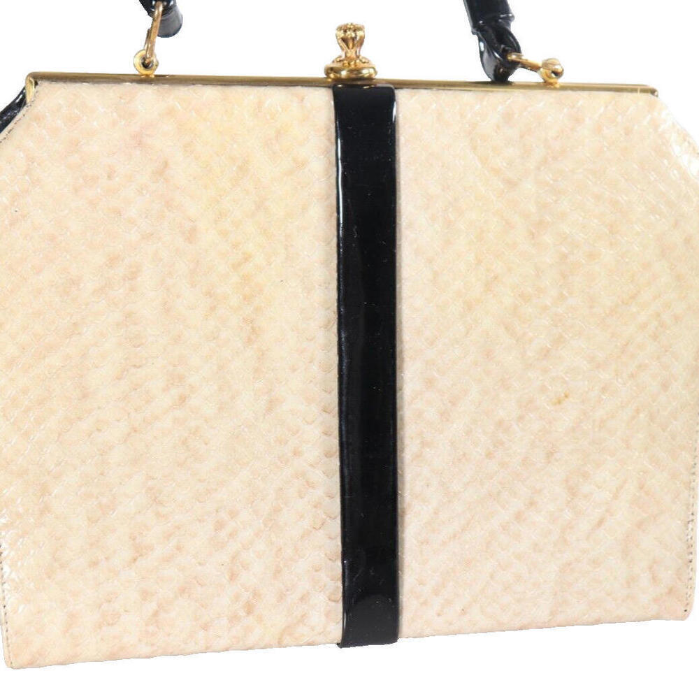 Vintage Women’s Small Cream Black Patent Faux Python Snake Skin Handbag Purse - Picture 11 of 11
